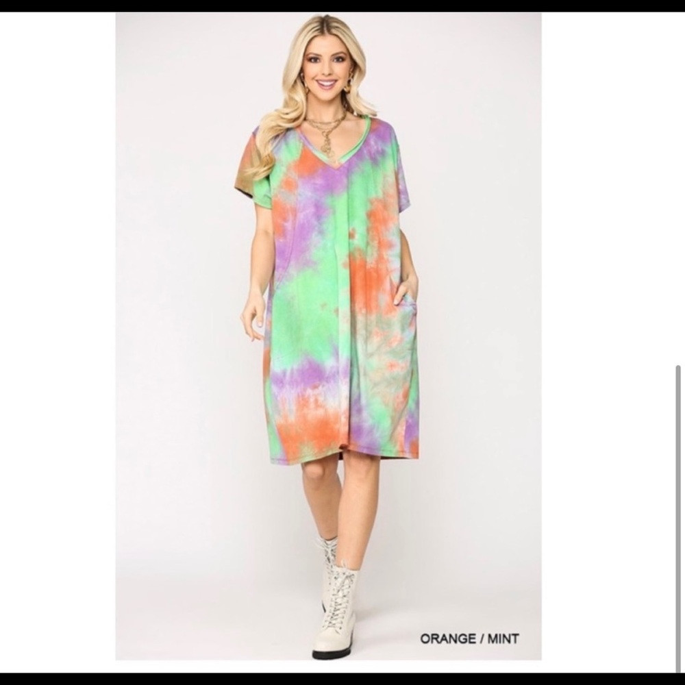 Gigio Tie Dye Midi Dress Raw Edge Cotton Jersey Dress with Side Pockets - Picture 5 of 8